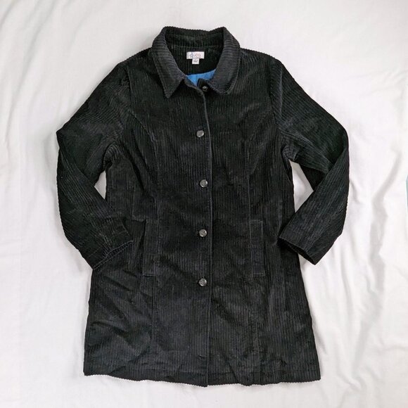 VTG Black Corduroy Long Button Front Collared Coat Denim and Co - Picture 2 of 9